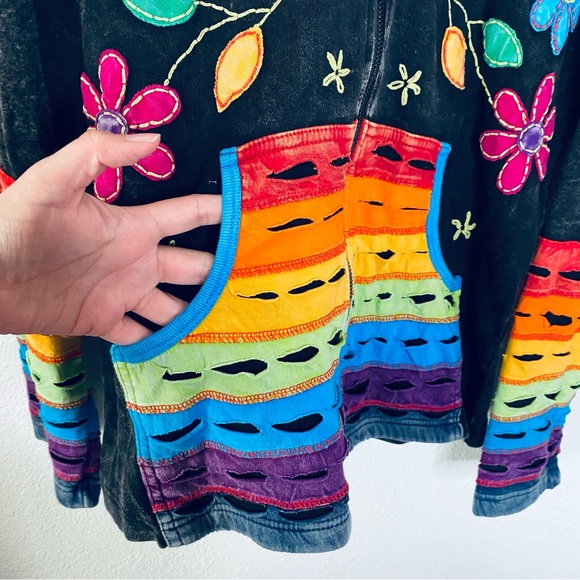 Boho Floral Embroidered Distressed Patchwork Zip Front Hooded Jacket Large - Picture 4 of 7